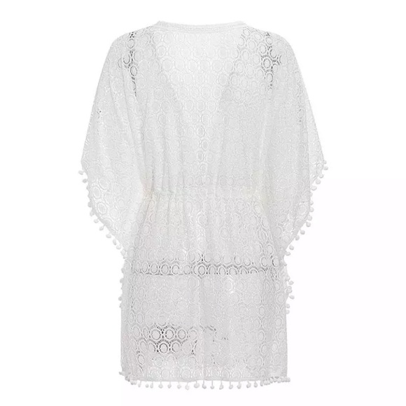 CLEARANCE White Boho Pompom Crochet Coverup Kimono Wrap - Picture 5 of 7